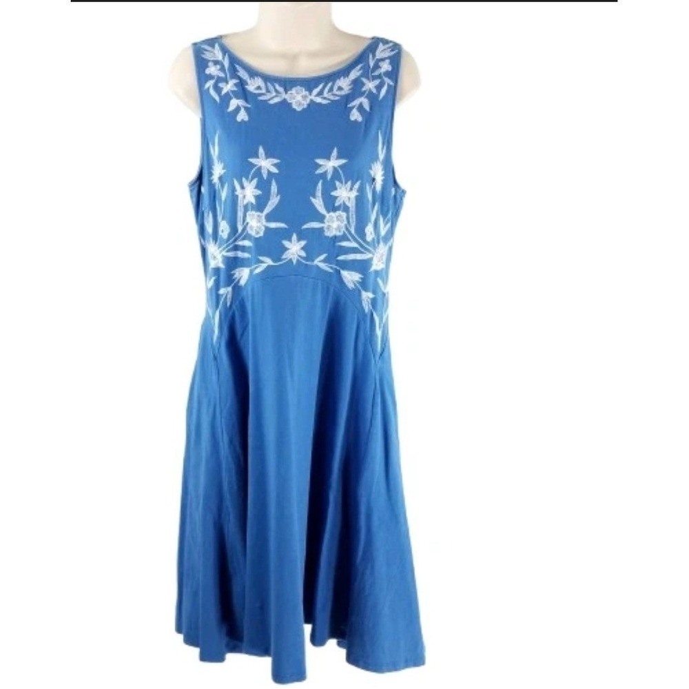 eShakti Blue Embroidered Sleeveless A-Line Knit Dress 16W Floral Boho Excellent - Picture 2 of 5